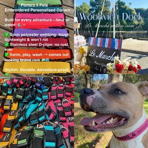 This Sunday at Woolwich Dock! Embroidering collars on the spot…. Check out our new Tote bags #porters4pets @porters4pets #lemarche @le_marche_frenchmarket #woolwichdock #lemarchewoolwichdock #sydneylocal