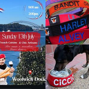 This Sunday 13th July! Woolwich Dock @le_marche_frenchmarket 🇫🇷 🐾 Embroidering collars 🐾 
#porters4pets #porters4petscollars #sydneylocals #lemarché 
.
.
.
#briandouglasporter #ripbriandouglasporter26062025